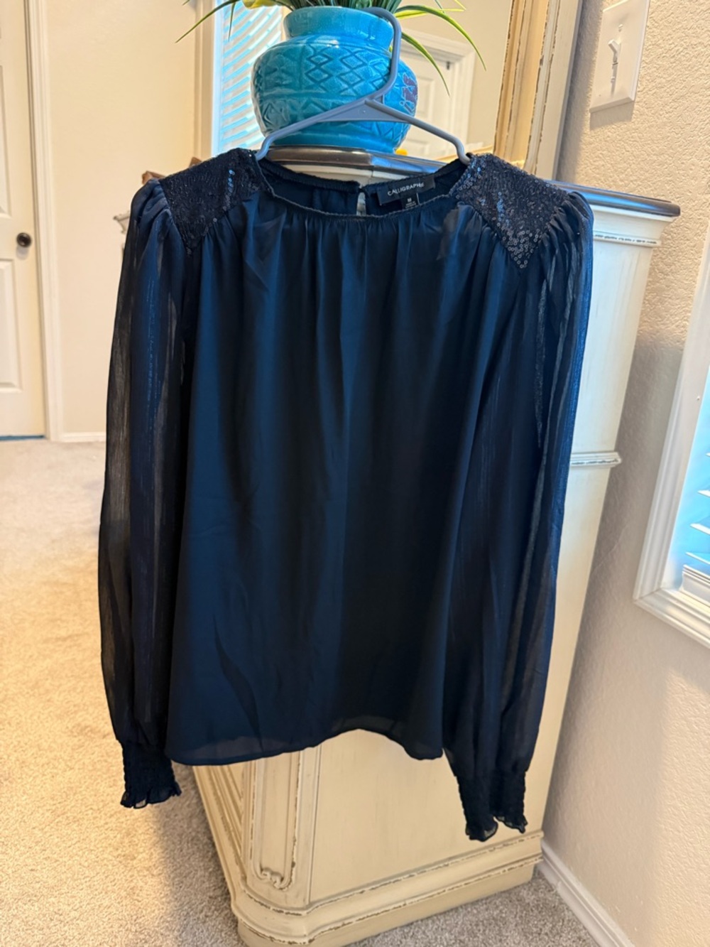 Calvin Klein Navy Long-Sleeve Sequin Shoulder Blouse